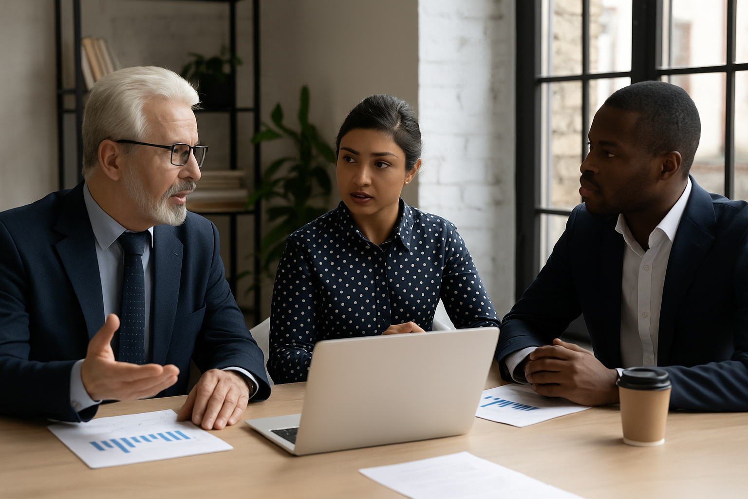 Business consultants discussing strategy in modern office.